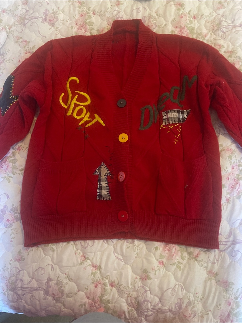 Red Embroidered Button-Up Cardigan Sweater